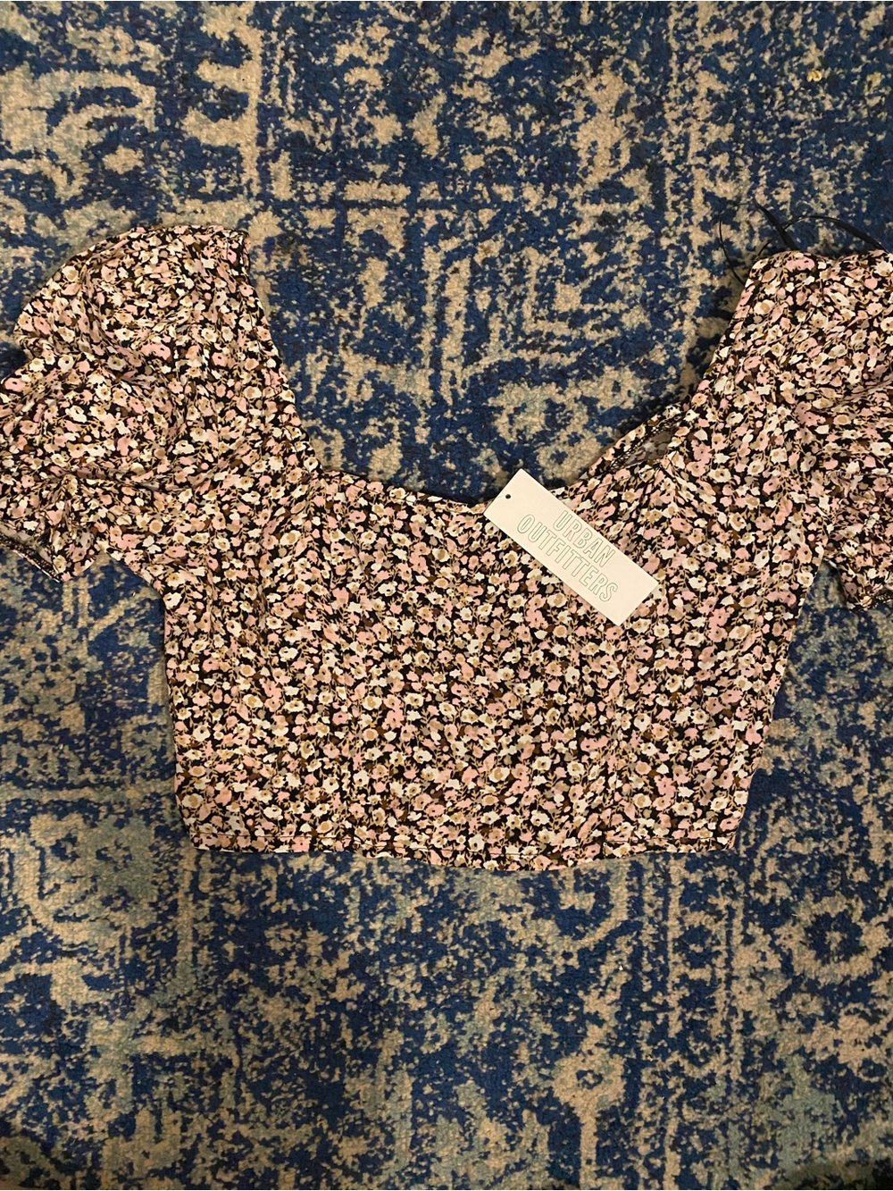 Urban Outfitters Black and Pink Floral Puff-Sleeve Crop Top